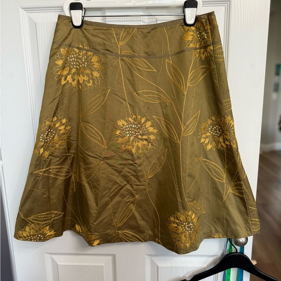Liz Claiborne 100% Silk Skirt Midi Flare A Line 14 Floral Sequin Gold Olive - Picture 1 of 6